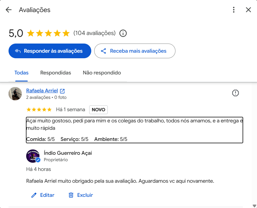 Avaliação de cinco estrelas de Rafaela Arriel sobre o sabor do açaí e a rapidez da entrega
